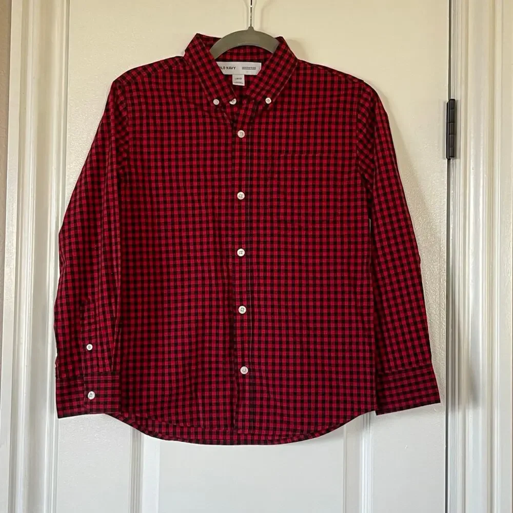 Holiday Old Navy Button Down Shirt Boys Large 10/12 Red Black Buffalo Plaid